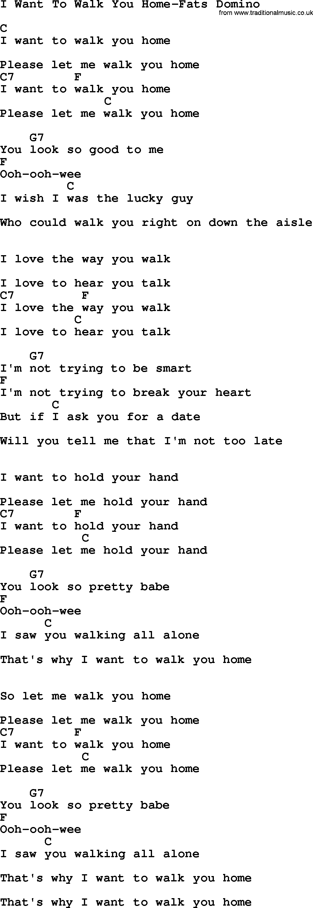 Country music song: I Want To Walk You Home-Fats Domino lyrics and chords
