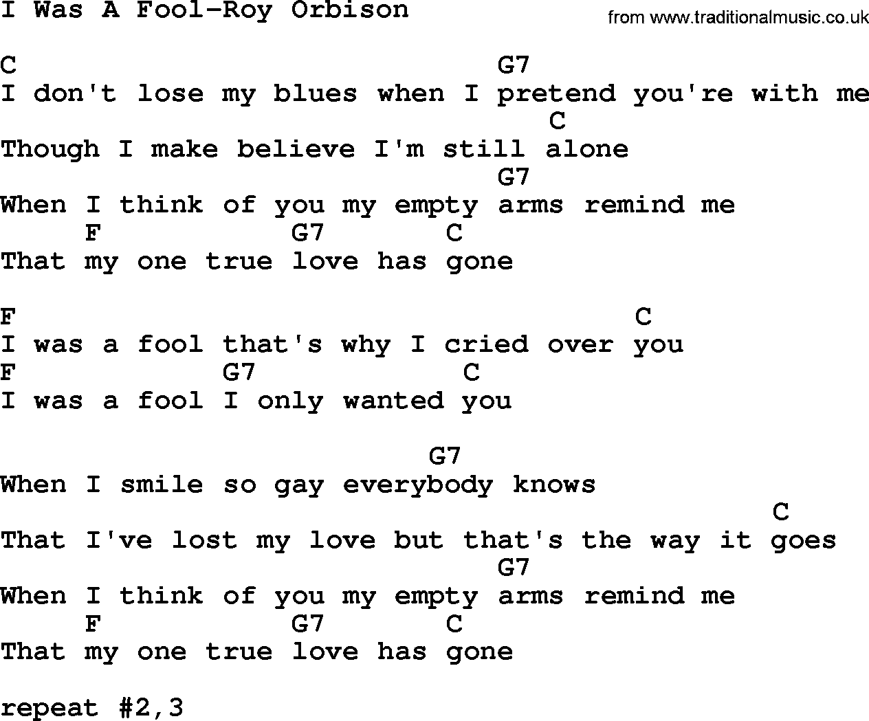 Country music song: I Was A Fool-Roy Orbison lyrics and chords