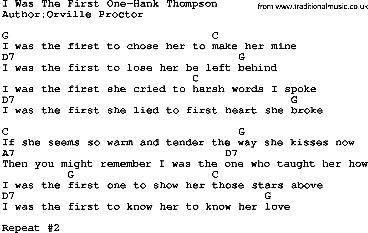 Country music song: I Was The First One-Hank Thompson lyrics and chords