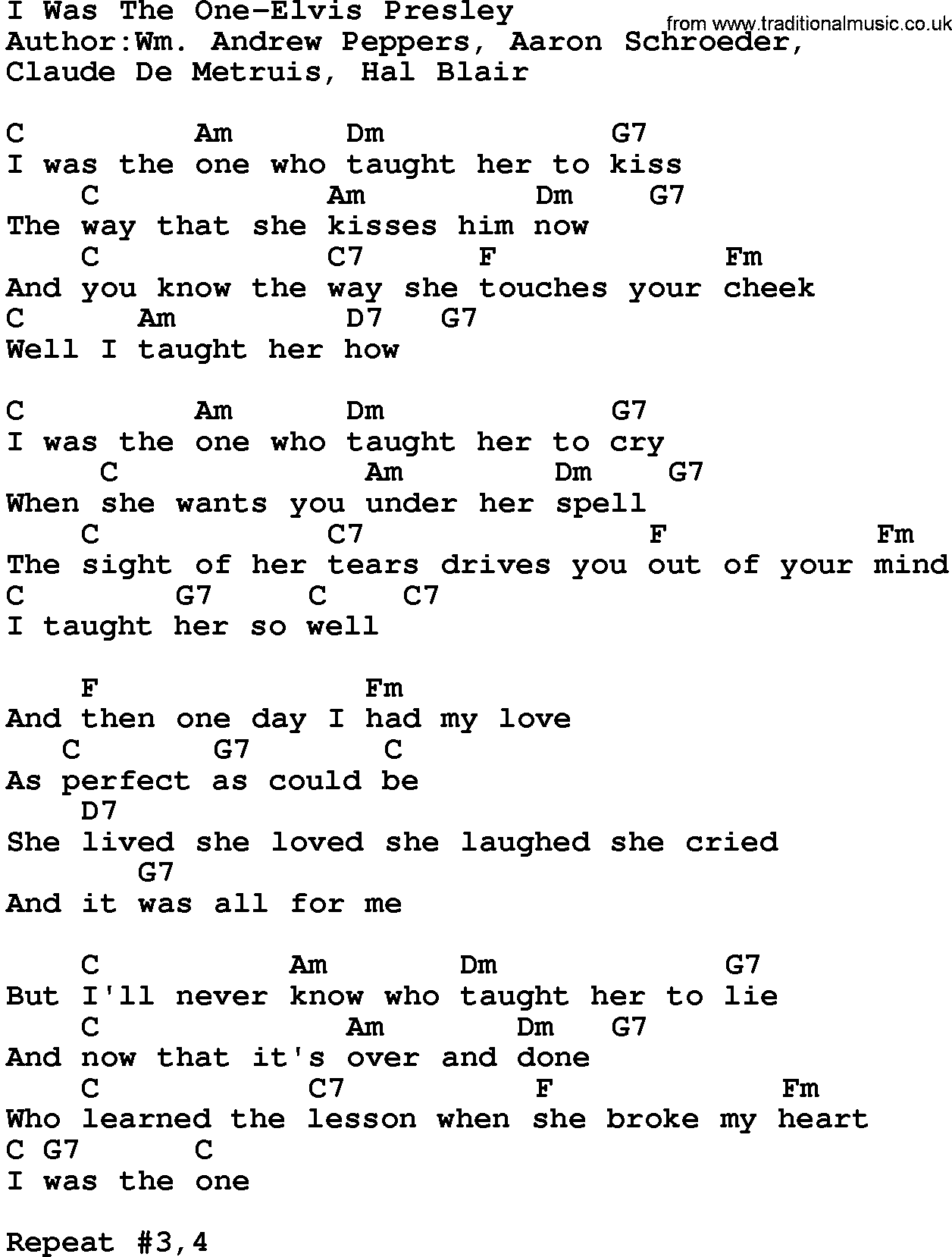 Country music song: I Was The One-Elvis Presley lyrics and chords