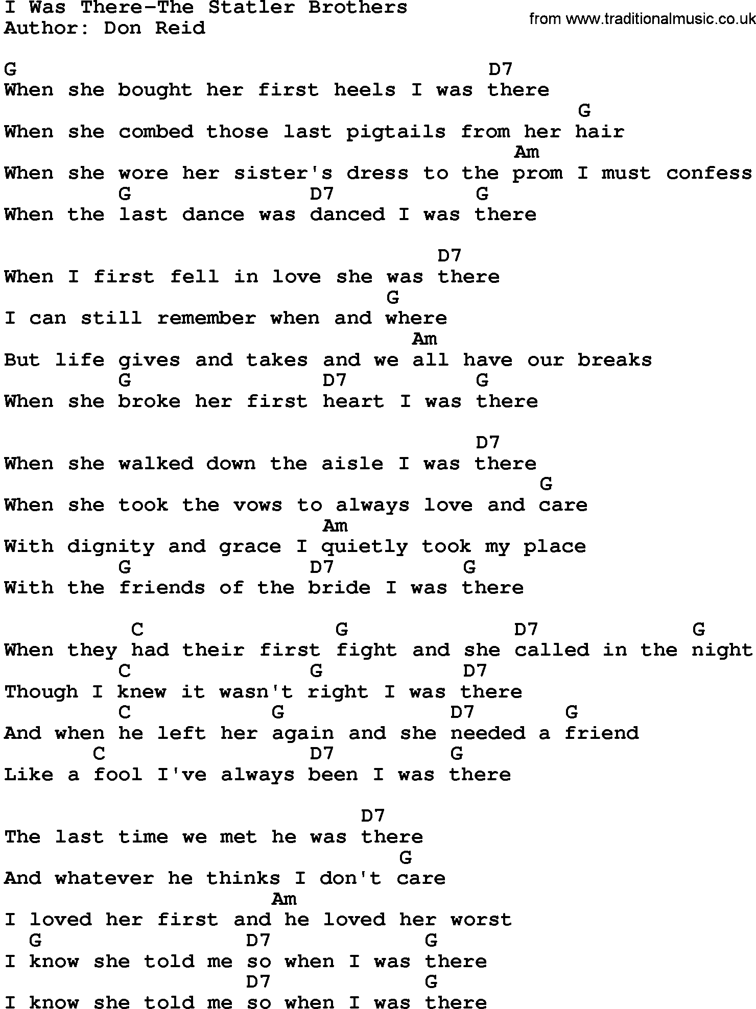Country music song: I Was There-The Statler Brothers lyrics and chords