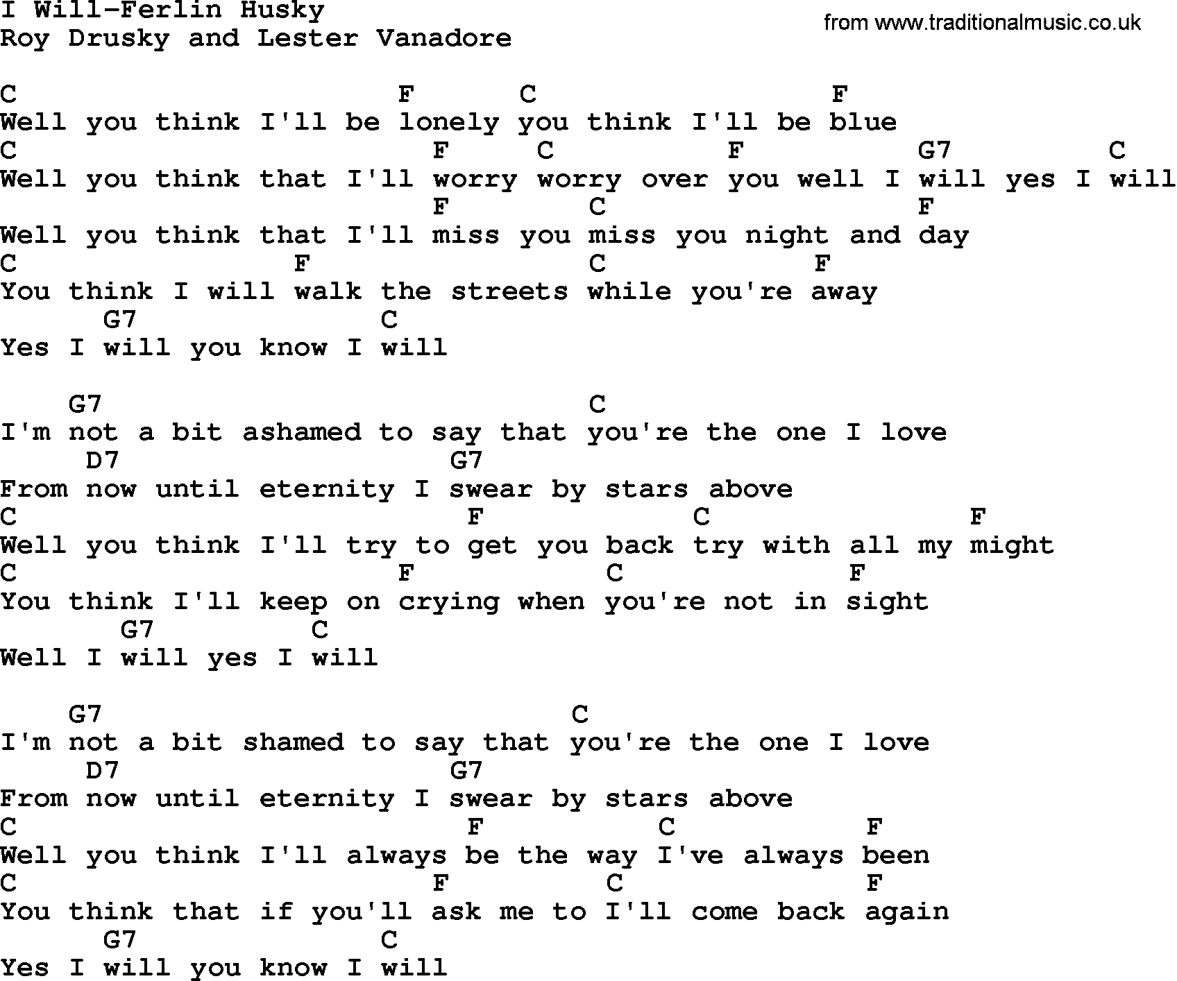 Country music song: I Will-Ferlin Husky lyrics and chords