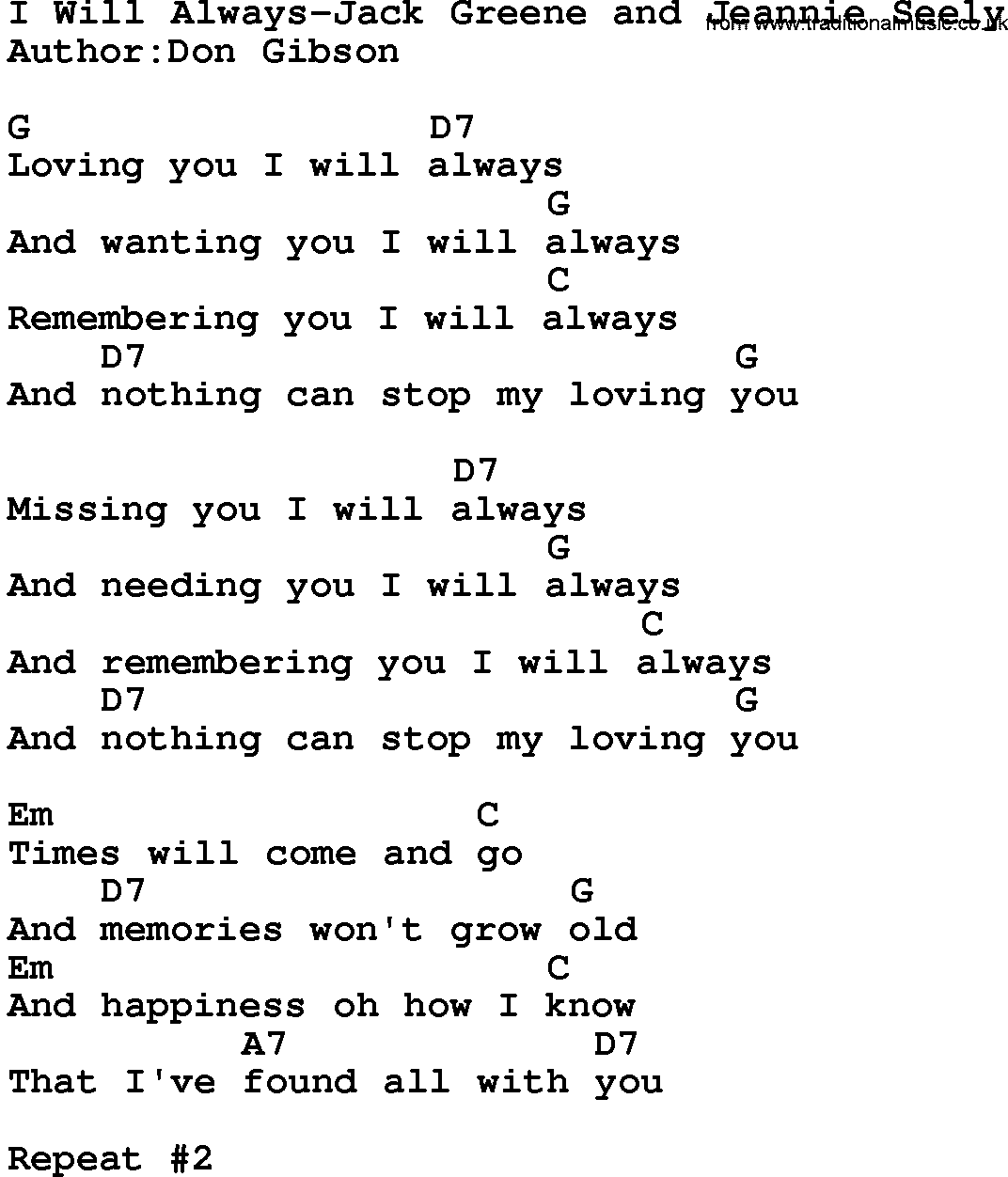 Country music song: I Will Always-Jack Greene And Jeannie Seely lyrics and chords