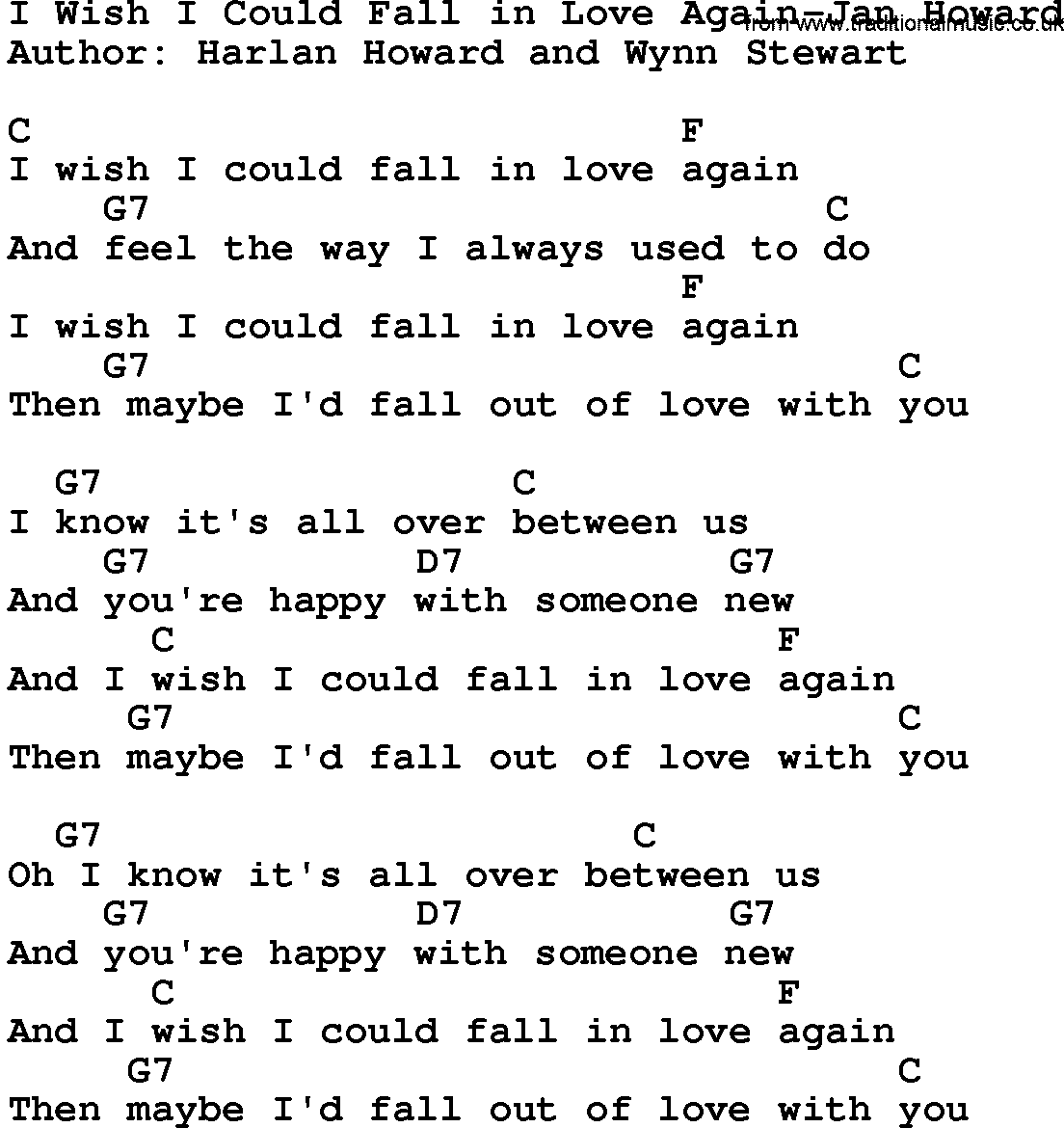 Country music song: I Wish I Could Fall In Love Again-Jan Howard lyrics and chords