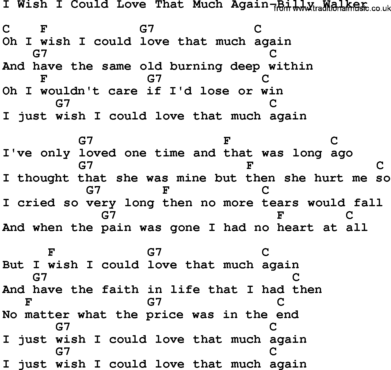 Country music song: I Wish I Could Love That Much Again-Billy Walker lyrics and chords