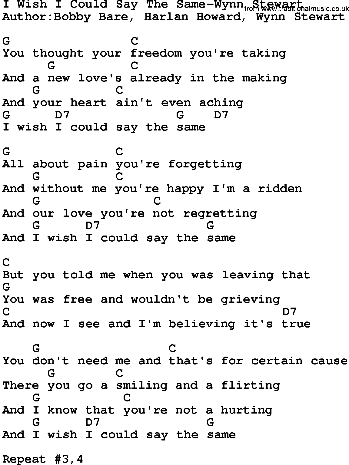 Country music song: I Wish I Could Say The Same-Wynn Stewart lyrics and chords