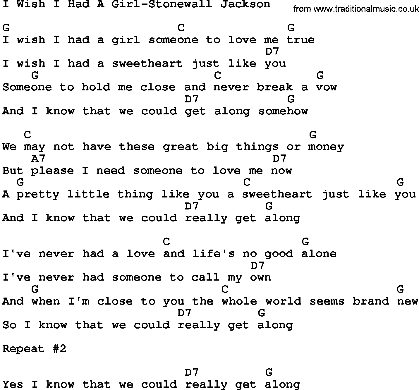Country music song: I Wish I Had A Girl-Stonewall Jackson lyrics and chords