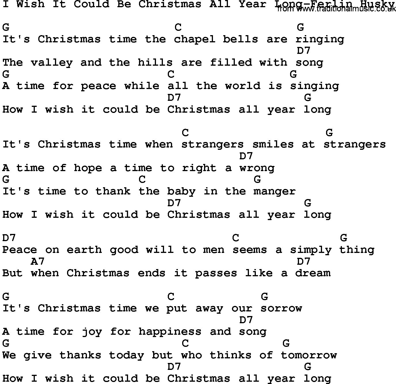 Country music song: I Wish It Could Be Christmas All Year Long-Ferlin Husky lyrics and chords