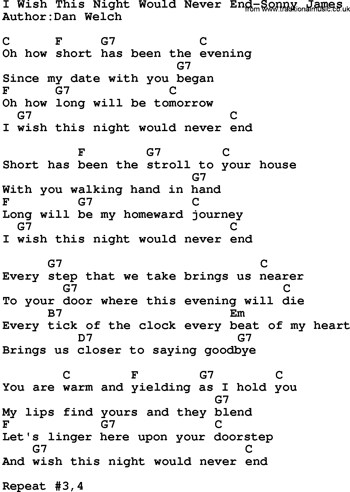 Country music song: I Wish This Night Would Never End-Sonny James lyrics and chords