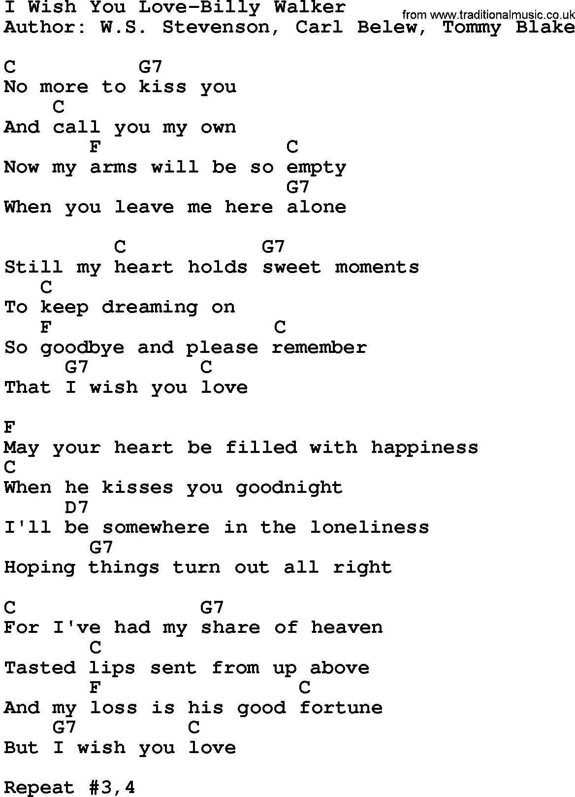 Country music song: I Wish You Love-Billy Walker lyrics and chords