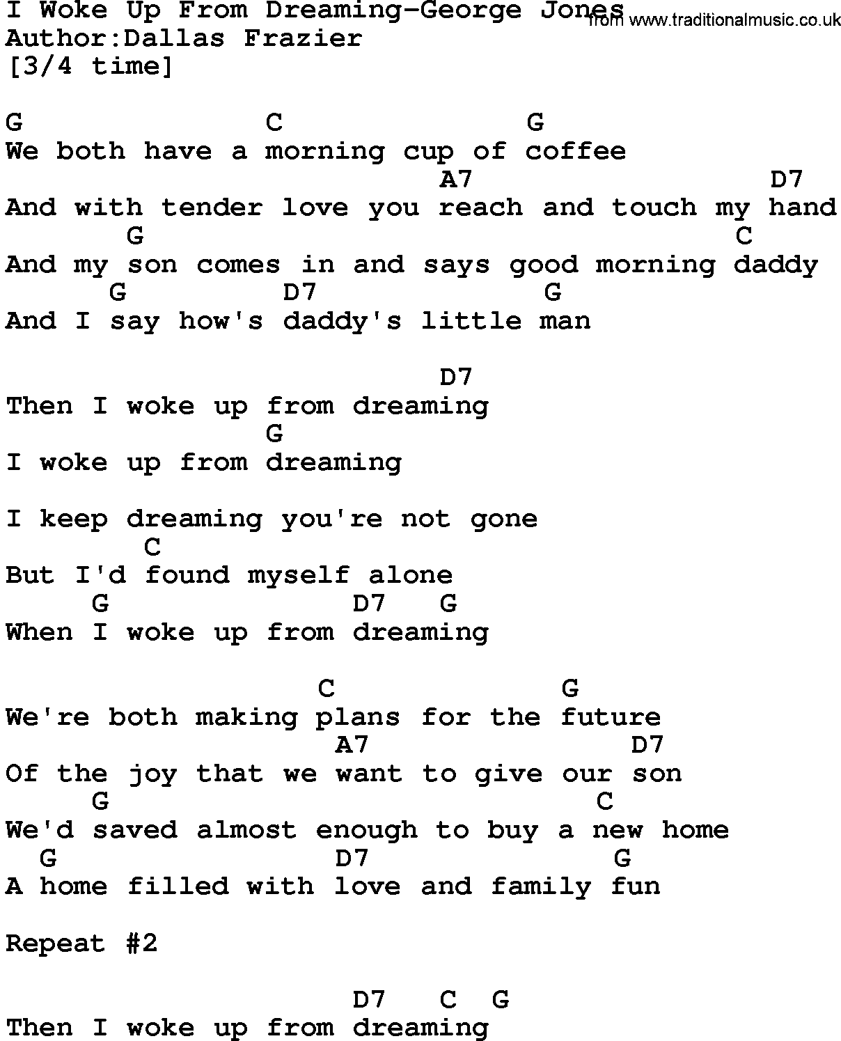 Country music song: I Woke Up From Dreaming-George Jones lyrics and chords