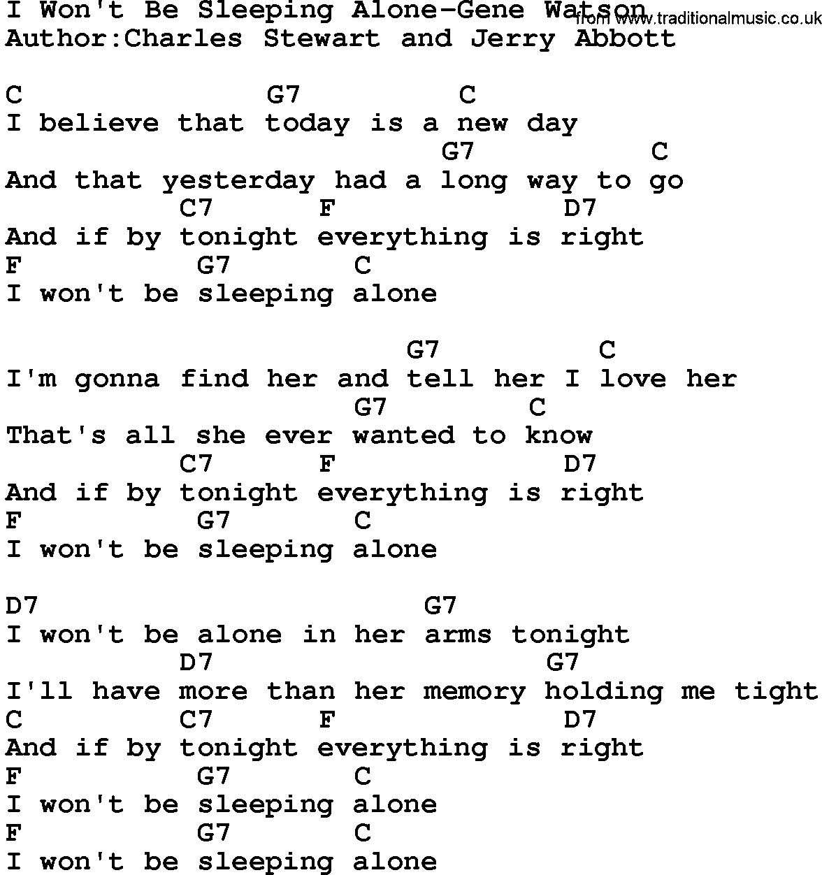 Country music song: I Won't Be Sleeping Alone-Gene Watson lyrics and chords