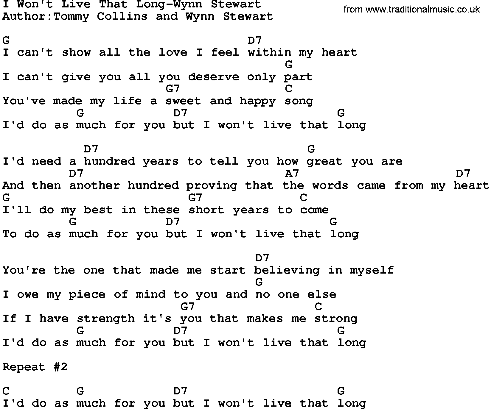 Country music song: I Won't Live That Long-Wynn Stewart lyrics and chords