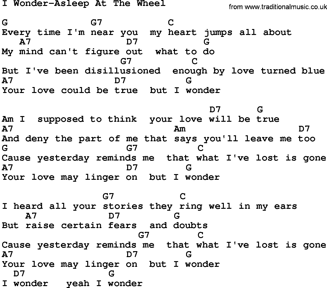 Country music song: I Wonder-Asleep At The Wheel lyrics and chords