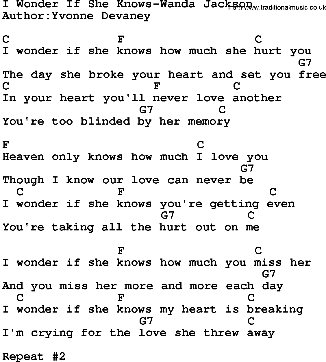 Country music song: I Wonder If She Knows-Wanda Jackson lyrics and chords