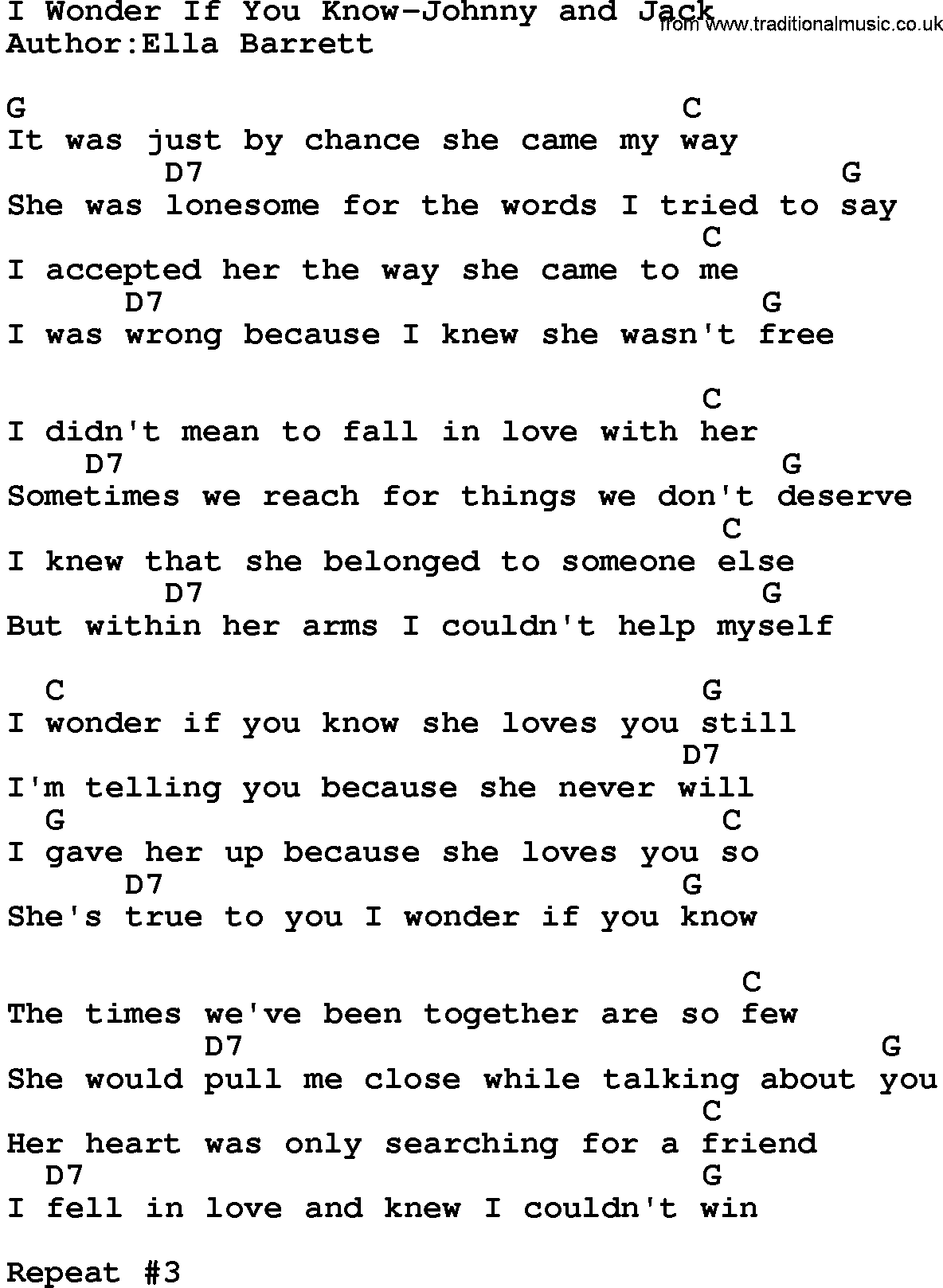 Country music song: I Wonder If You Know-Johnny And Jack lyrics and chords