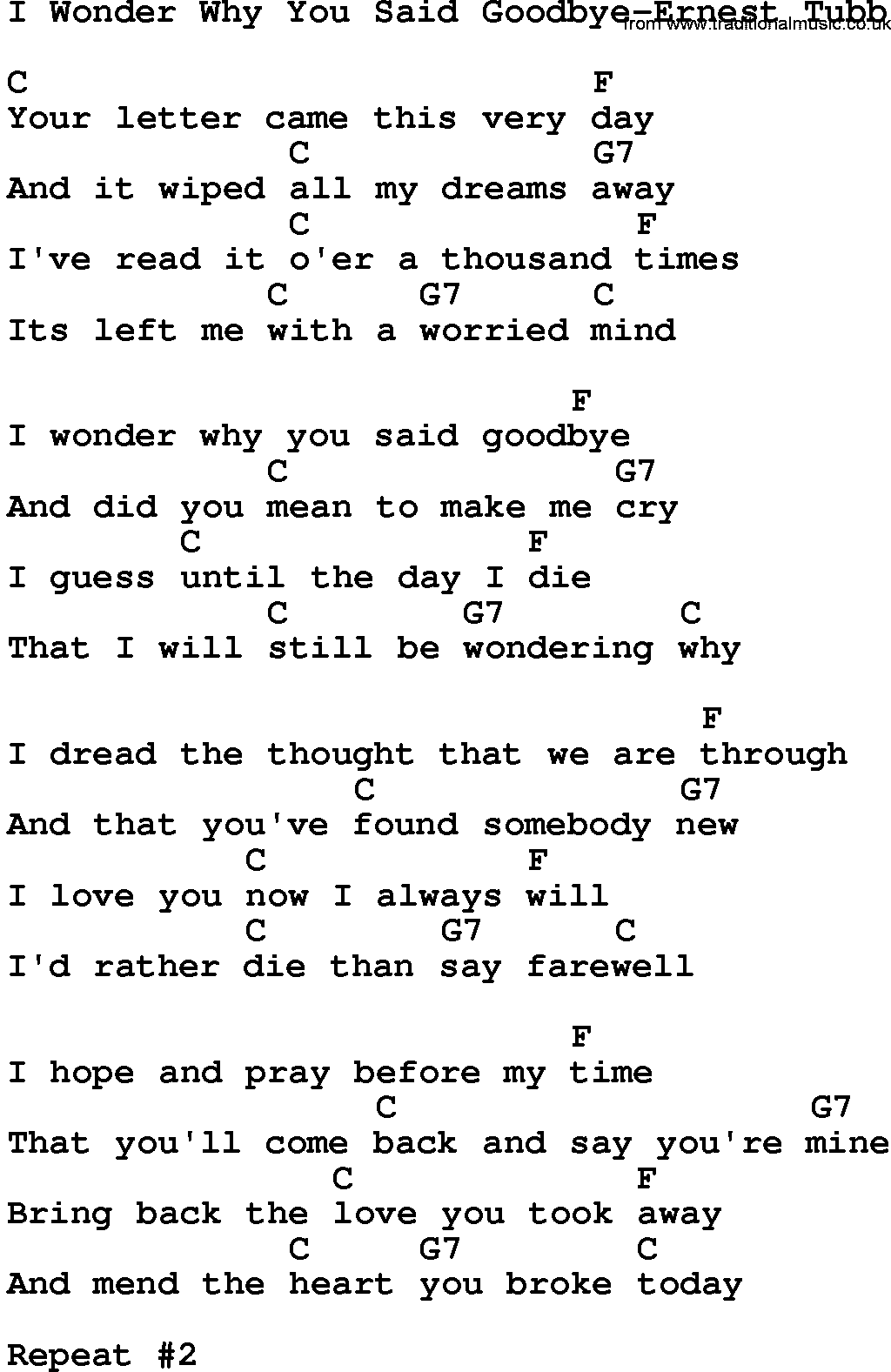 Country music song: I Wonder Why You Said Goodbye-Ernest Tubb lyrics and chords