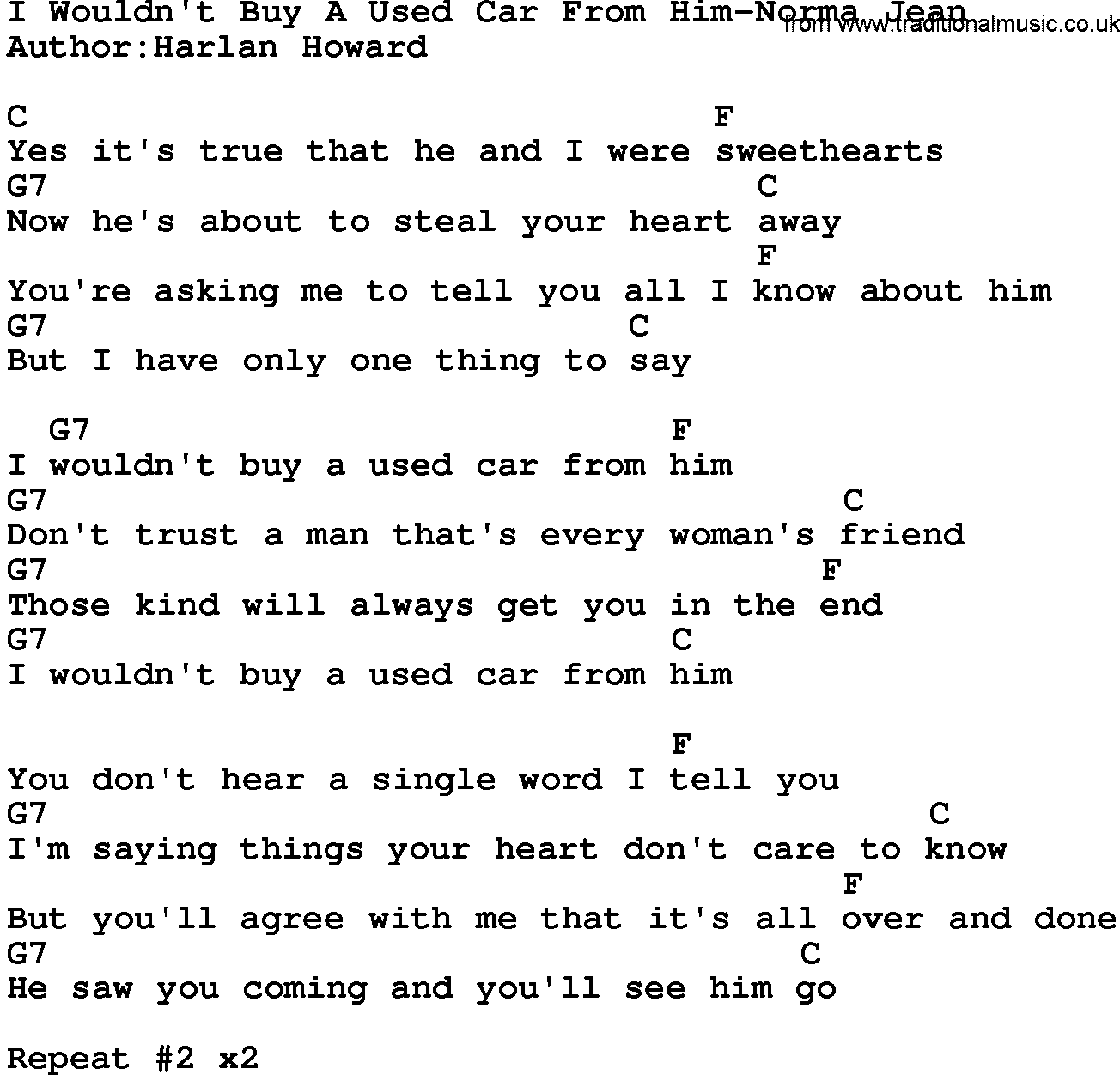 Country music song: I Wouldn't Buy A Used Car From Him-Norma Jean lyrics and chords