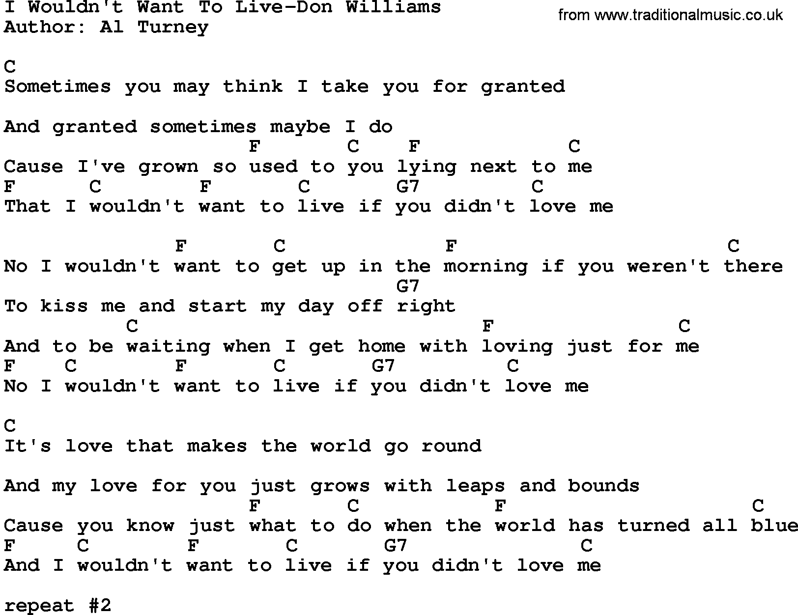 Country music song: I Wouldn't Want To Live-Don Williams lyrics and chords
