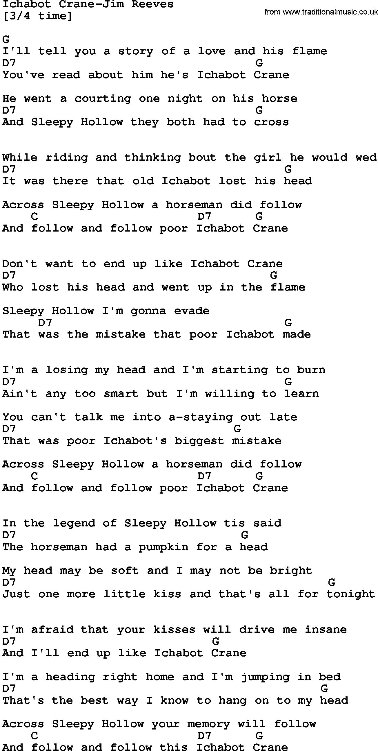Country music song: Ichabot Crane-Jim Reeves lyrics and chords
