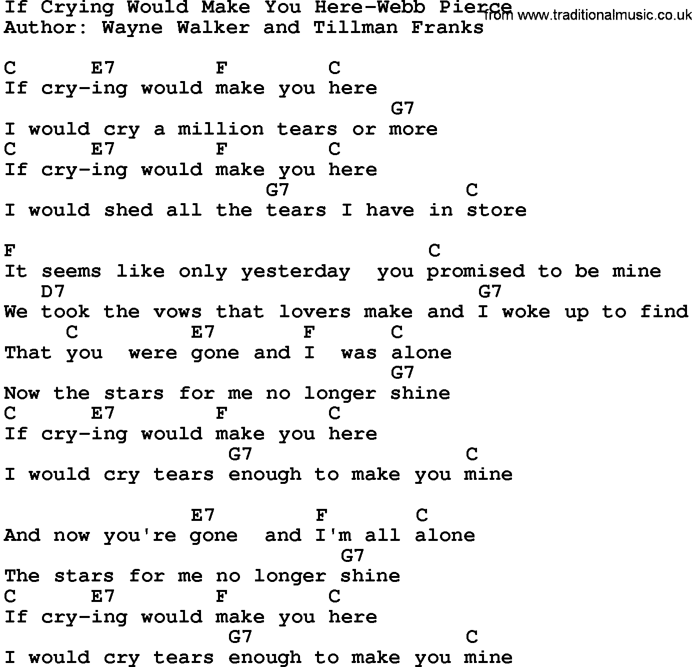 Country music song: If Crying Would Make You Here-Webb Pierce lyrics and chords