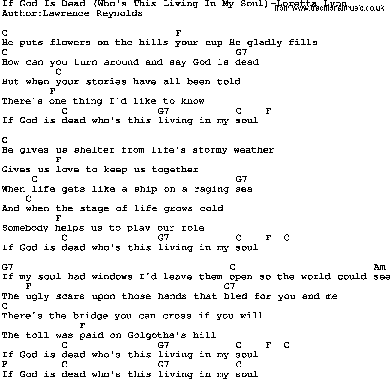 Country music song: If God Is Dead(Who's This Living In My Soul)-Loretta Lynn lyrics and chords