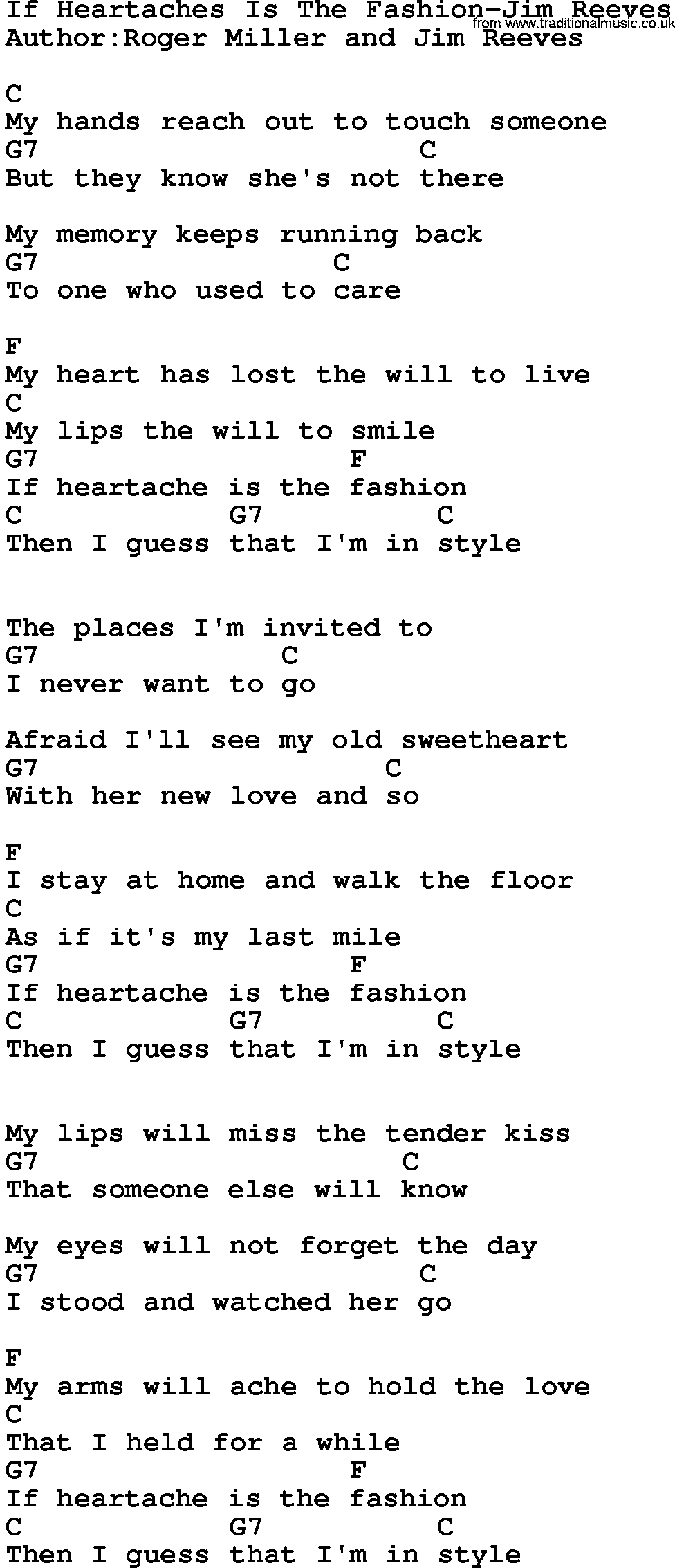 Country music song: If Heartaches Is The Fashion-Jim Reeves lyrics and chords