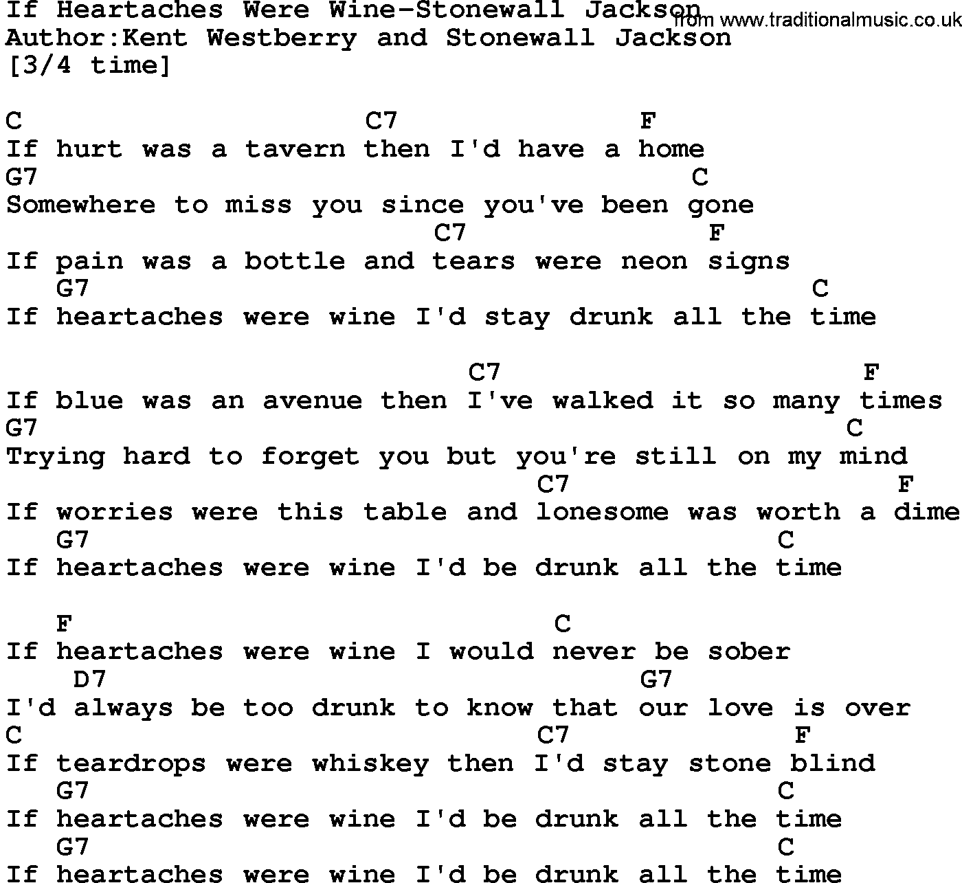 Country music song: If Heartaches Were Wine-Stonewall Jackson lyrics and chords