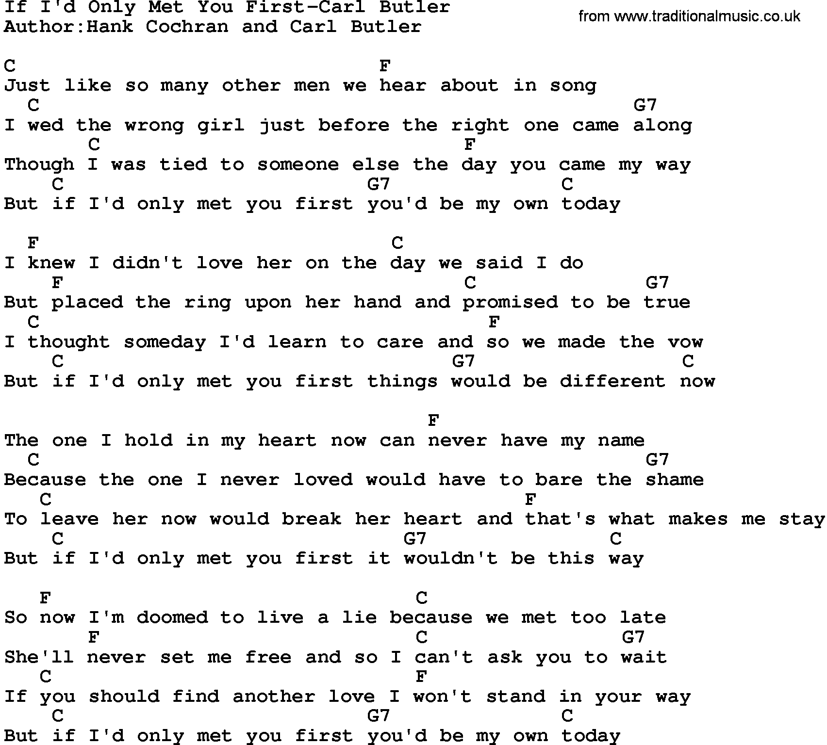 Country music song: If I'd Only Met You First-Carl Butler lyrics and chords