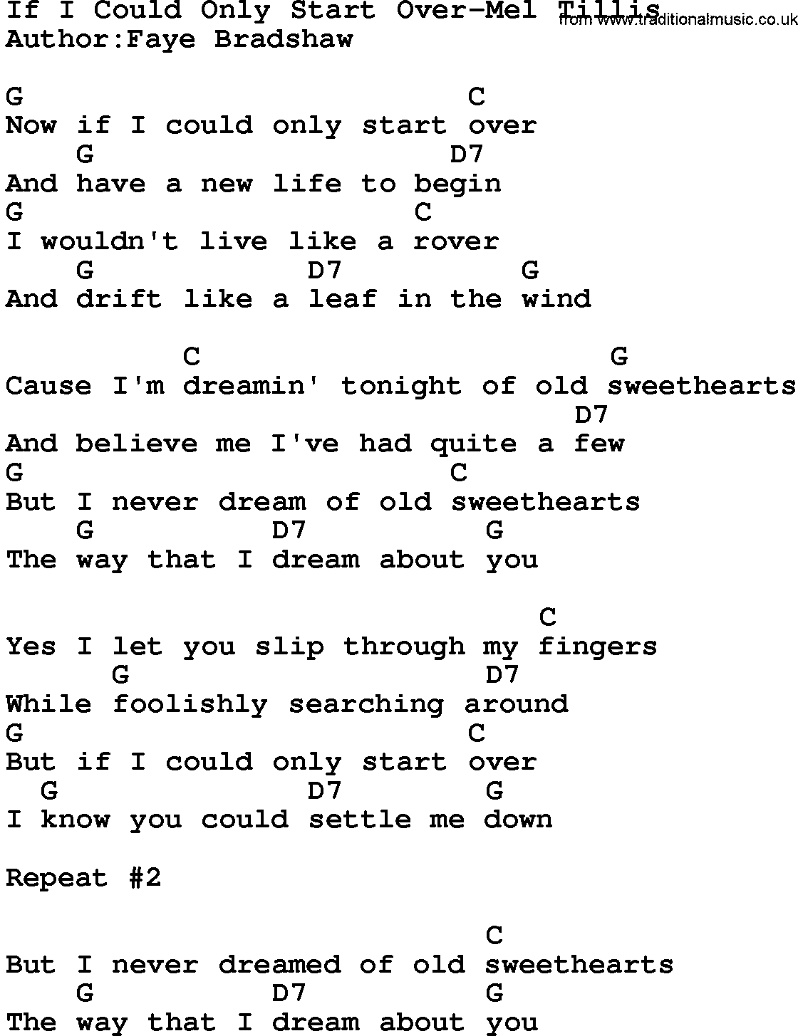 Country music song: If I Could Only Start Over-Mel Tillis lyrics and chords