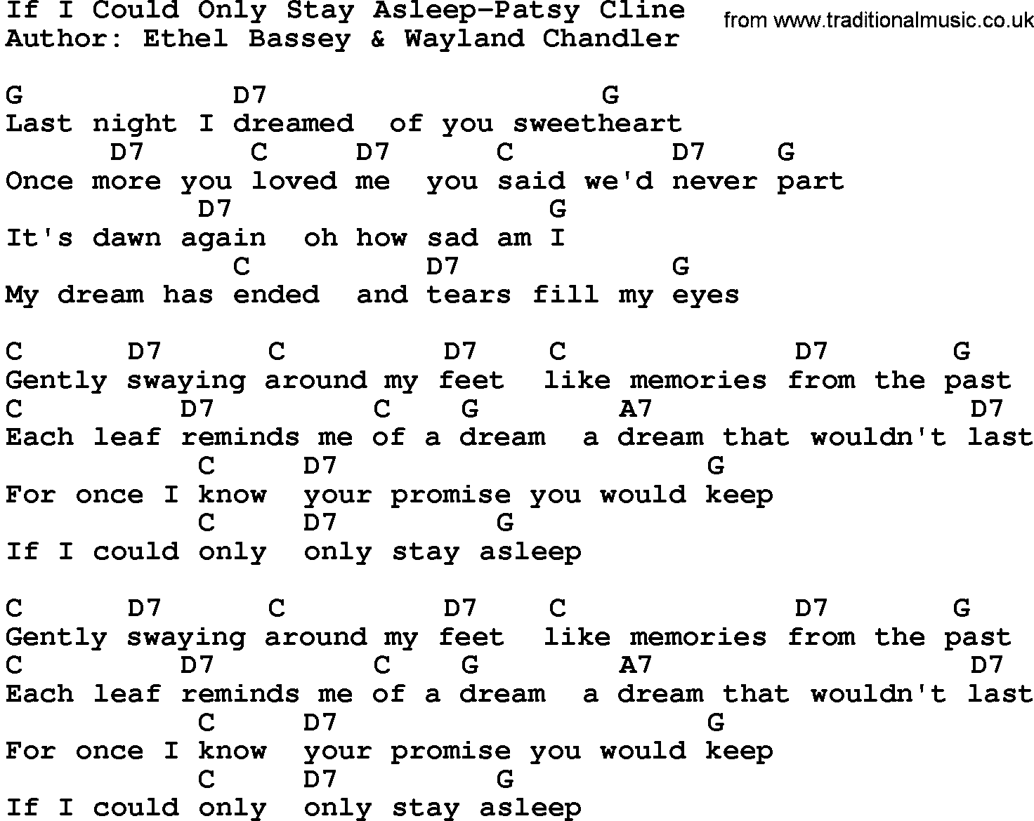 Country music song: If I Could Only Stay Asleep-Patsy Cline lyrics and chords