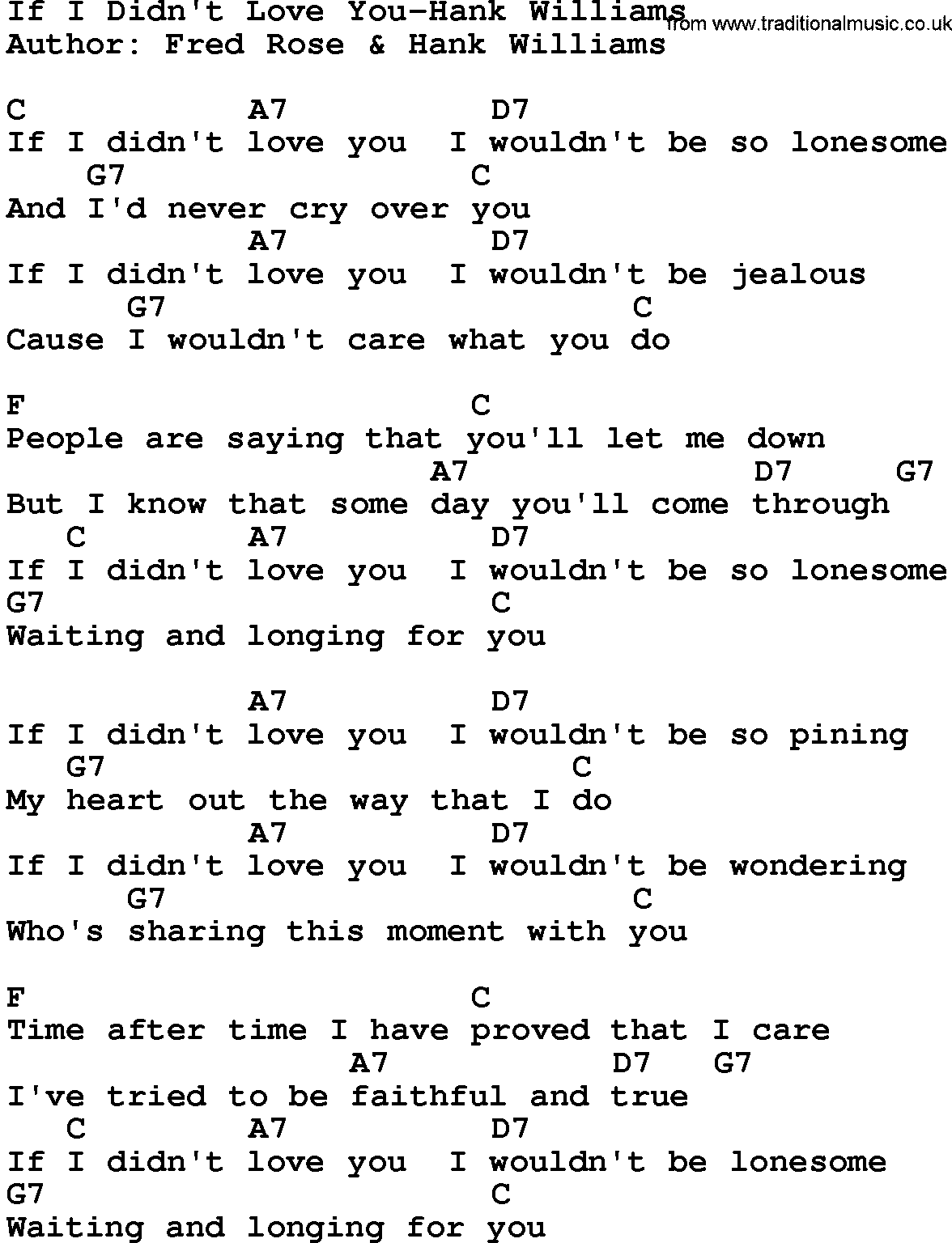 Country music song: If I Didn't Love You-Hank Williams lyrics and chords