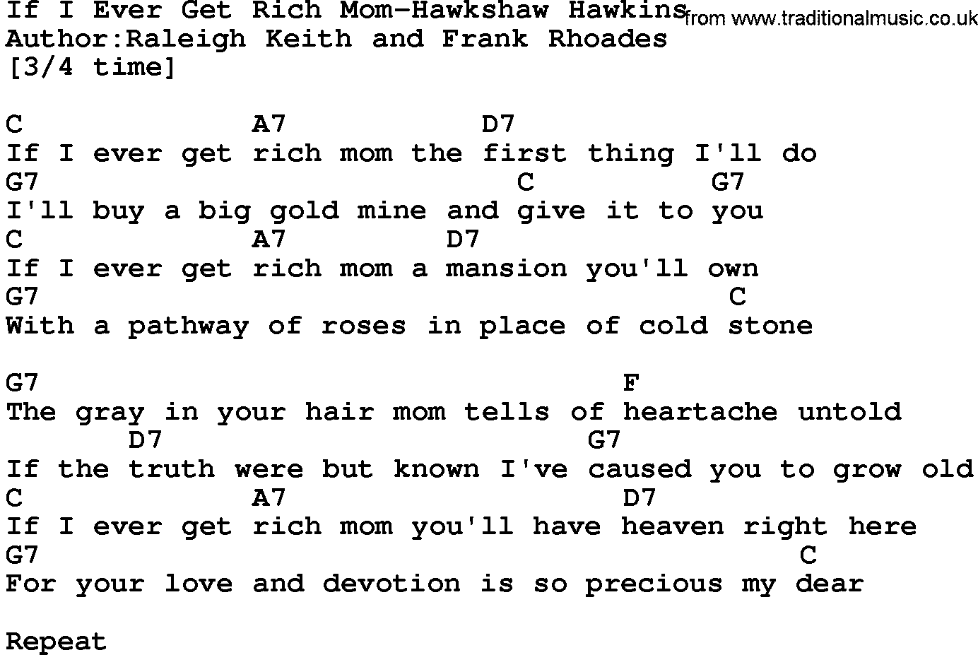 Country music song: If I Ever Get Rich Mom-Hawkshaw Hawkins lyrics and chords