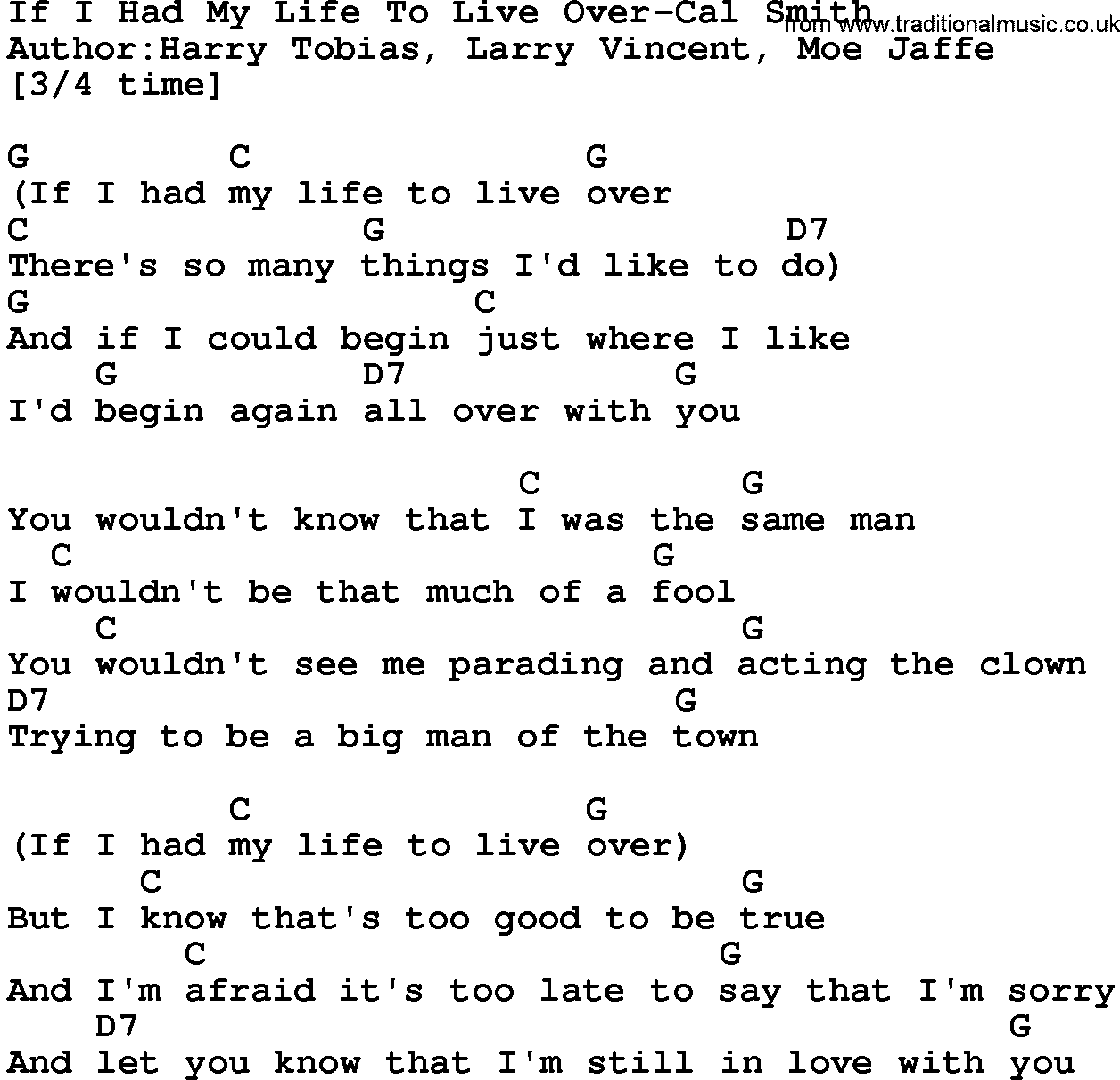 Country music song: If I Had My Life To Live Over-Cal Smith lyrics and chords
