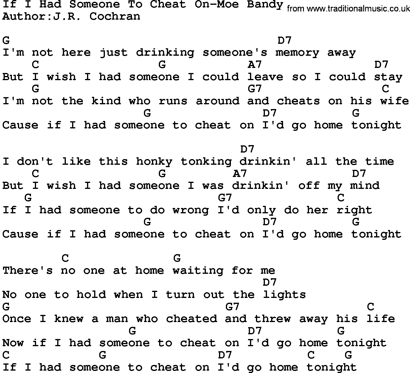 Country music song: If I Had Someone To Cheat On-Moe Bandy lyrics and chords