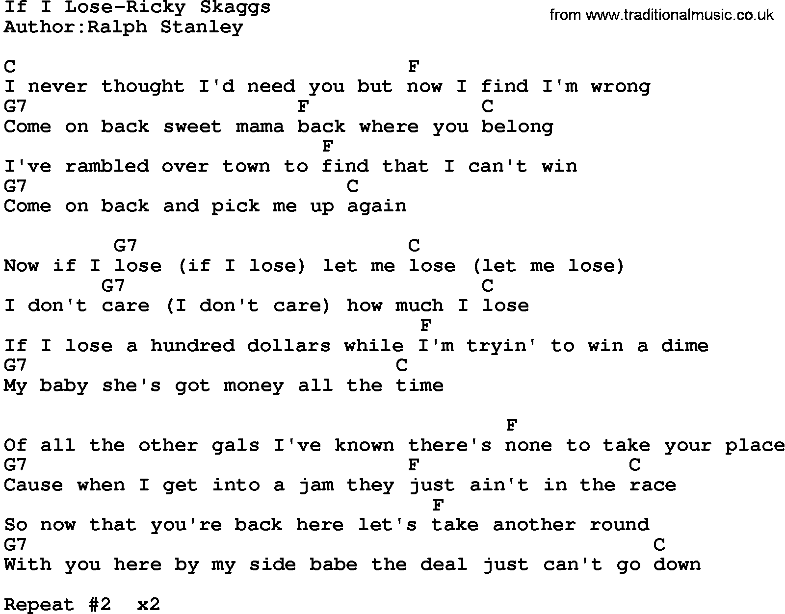 Country music song: If I Lose-Ricky Skaggs lyrics and chords