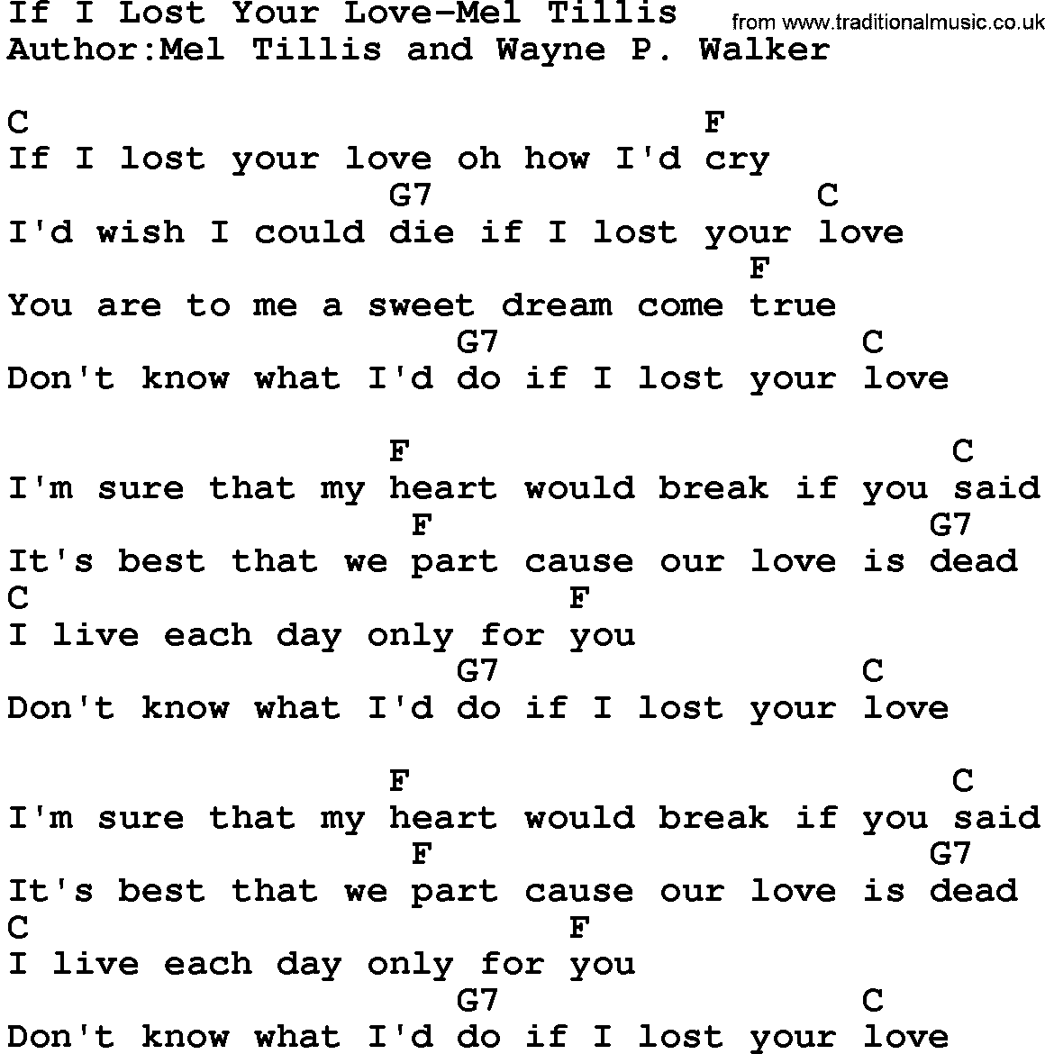 Country music song: If I Lost Your Love-Mel Tillis lyrics and chords