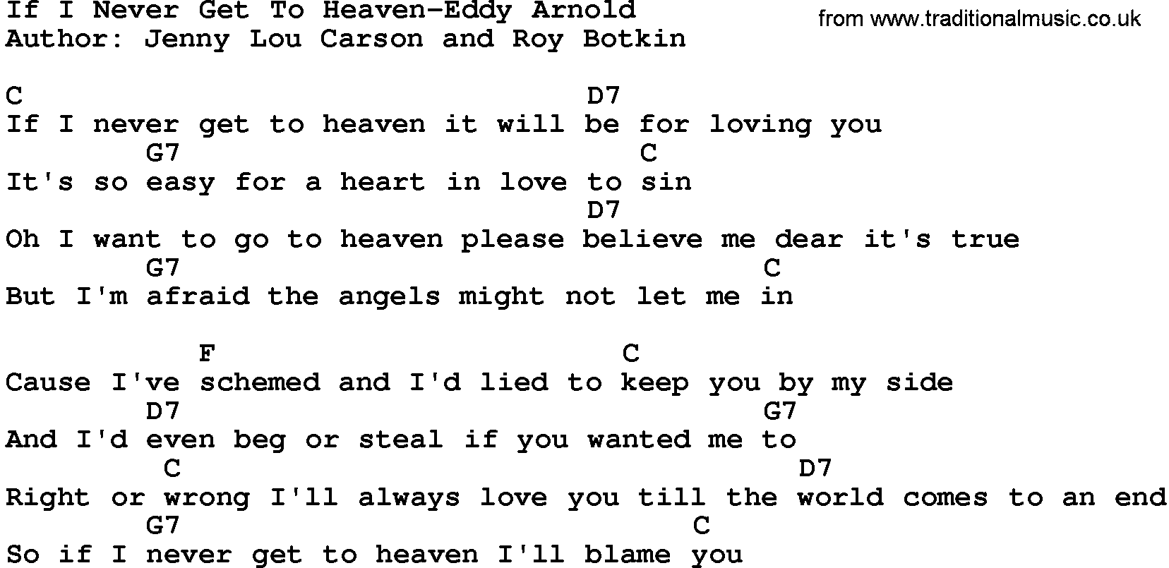 Country music song: If I Never Get To Heaven-Eddy Arnold lyrics and chords