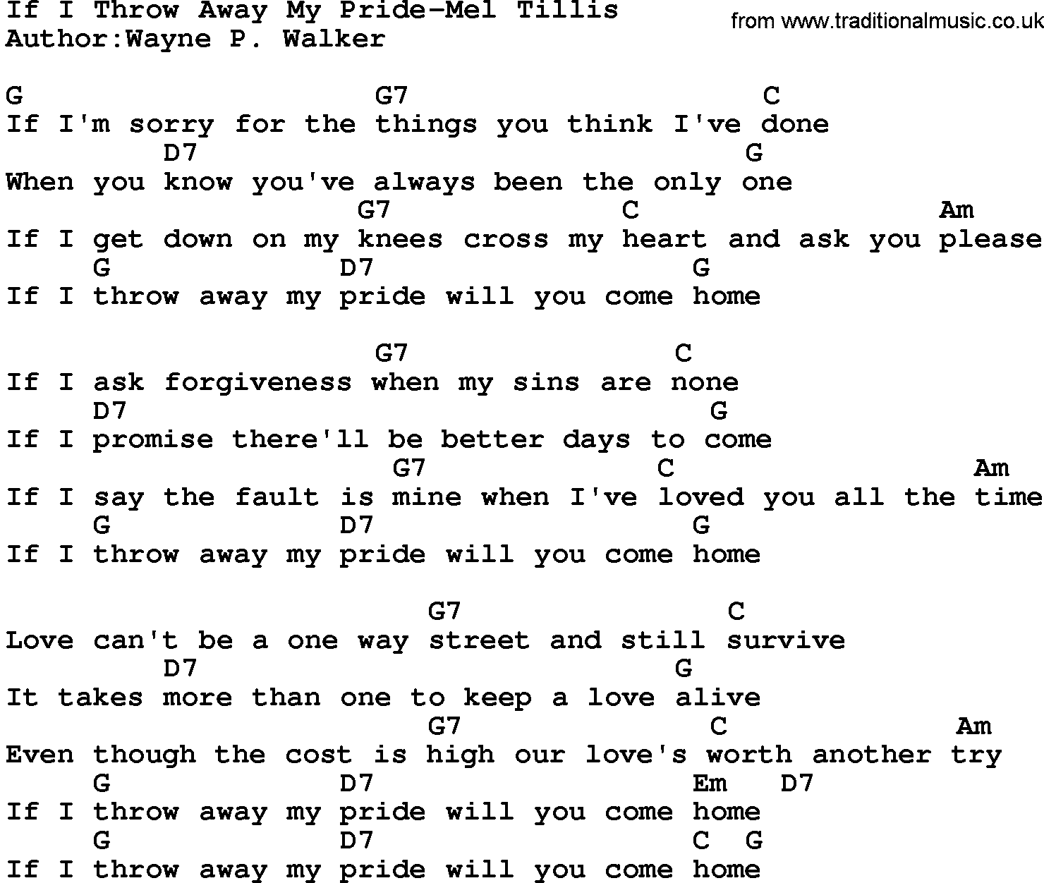 Country music song: If I Throw Away My Pride-Mel Tillis lyrics and chords