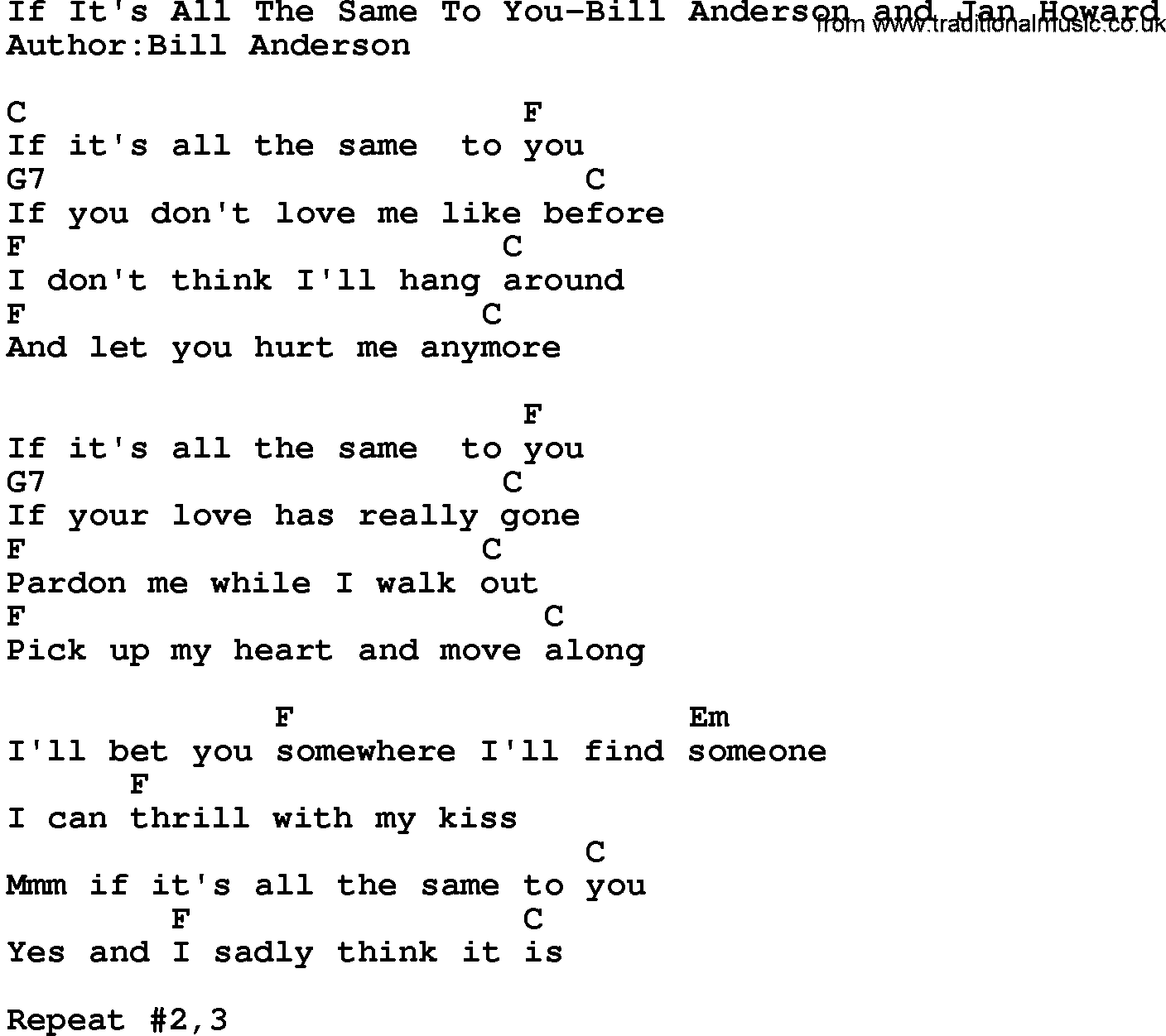 Country music song: If It's All The Same To You-Bill Anderson And Jan Howard lyrics and chords