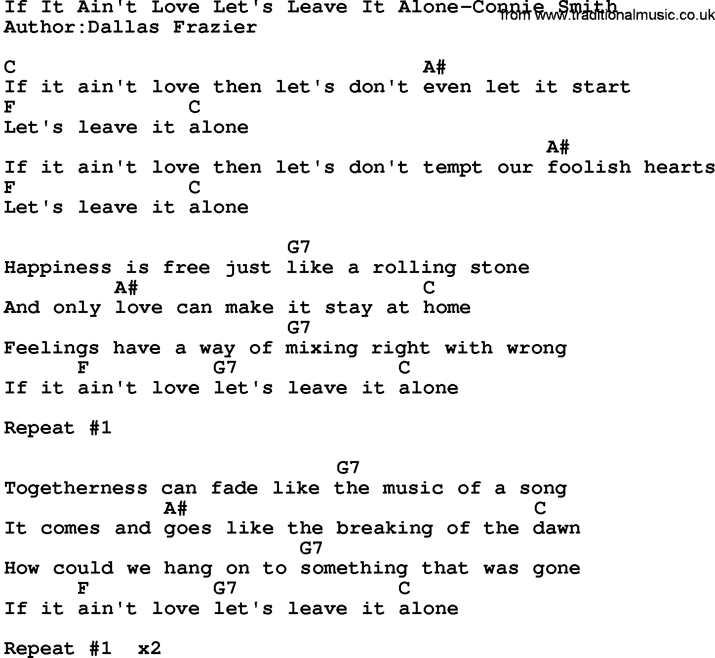 Country music song: If It Ain't Love Let's Leave It Alone-Connie Smith lyrics and chords