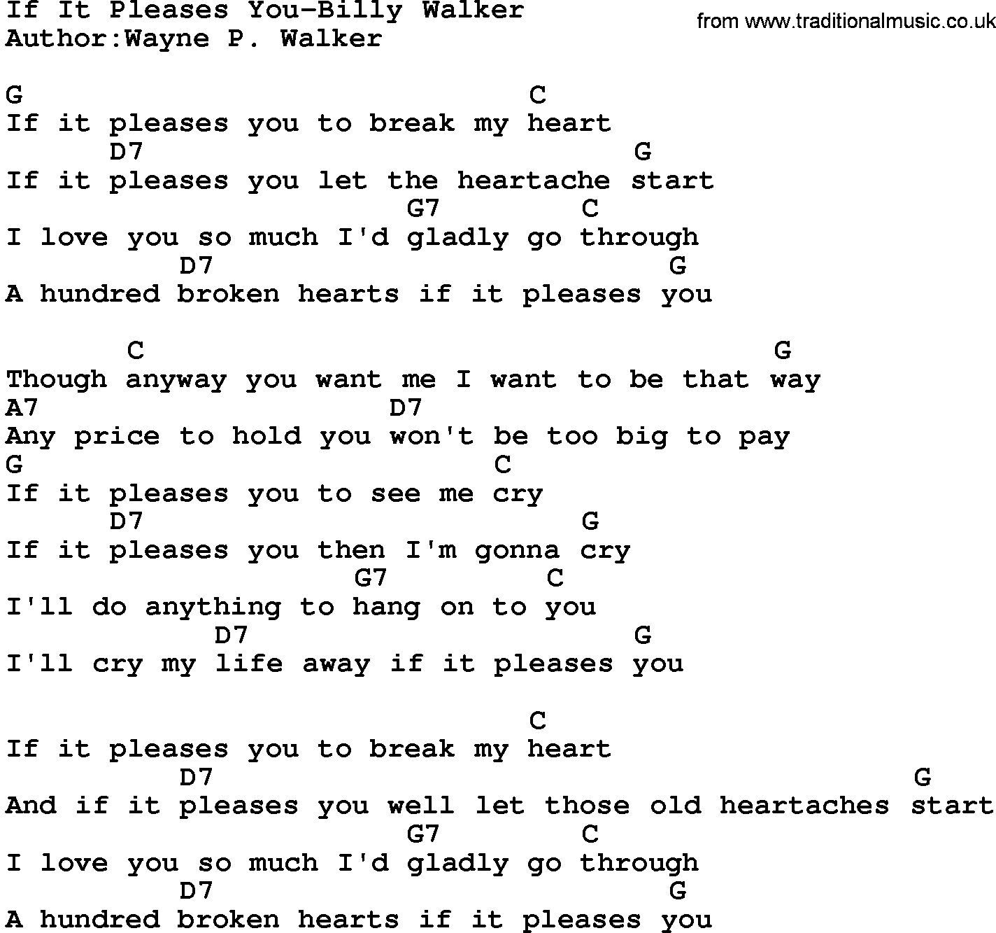 Country music song: If It Pleases You-Billy Walker lyrics and chords