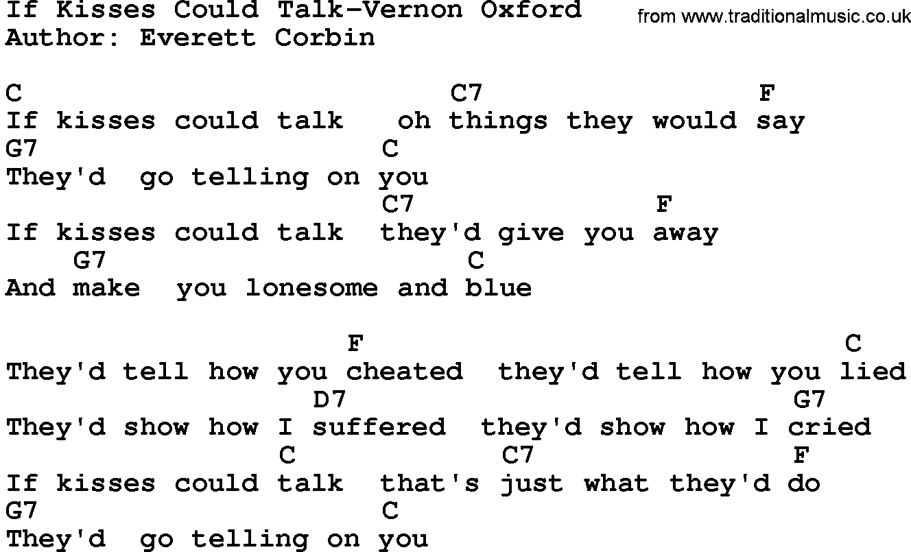 Country music song: If Kisses Could Talk-Vernon Oxford lyrics and chords