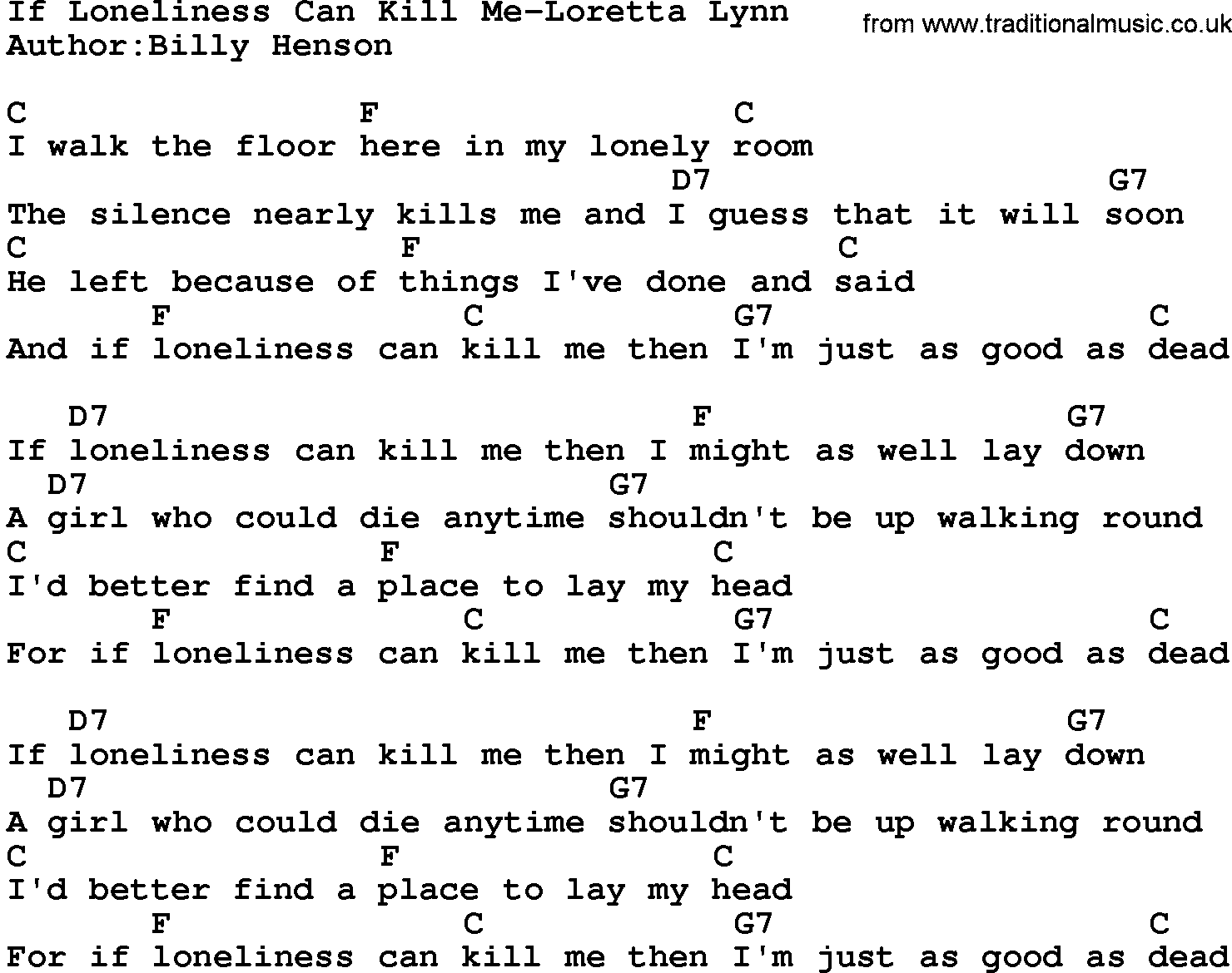 Country music song: If Loneliness Can Kill Me-Loretta Lynn lyrics and chords