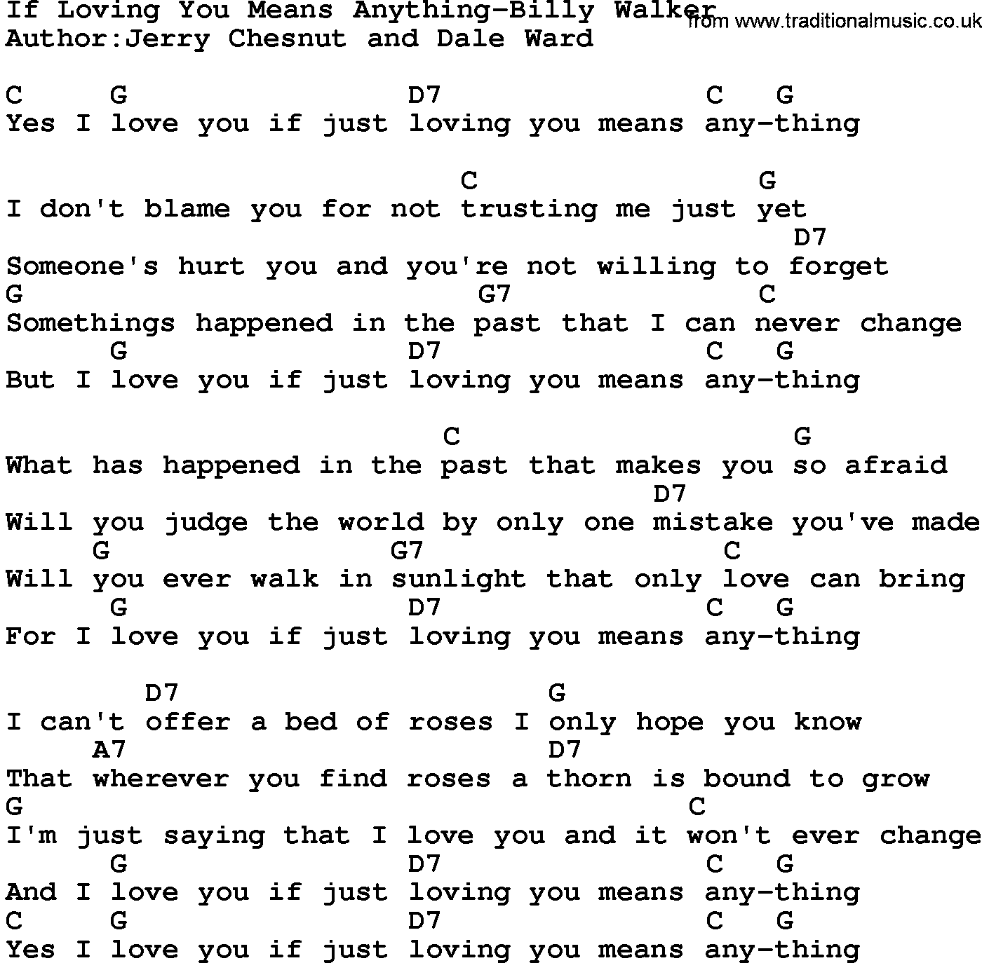 Country music song: If Loving You Means Anything-Billy Walker lyrics and chords