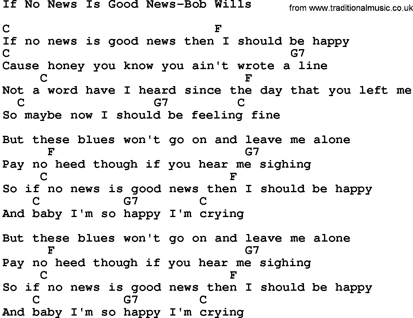 Country music song: If No News Is Good News-Bob Wills lyrics and chords