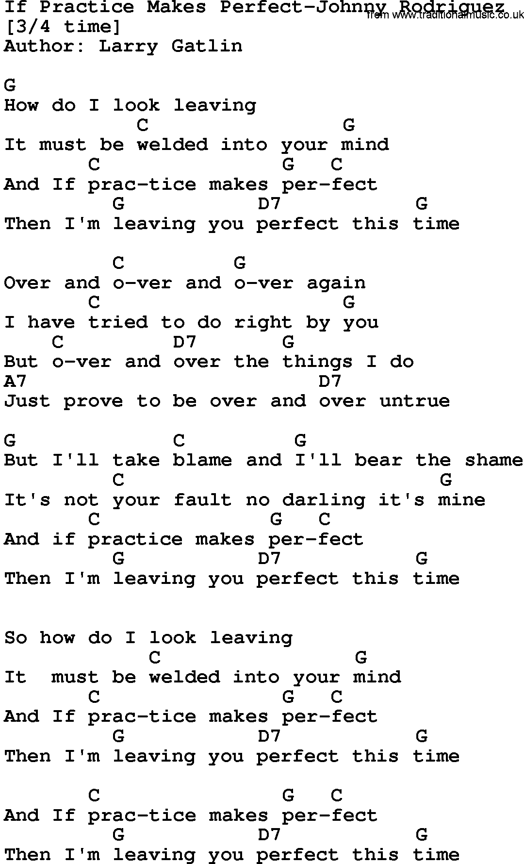 Country music song: If Practice Makes Perfect-Johnny Rodriguez lyrics and chords