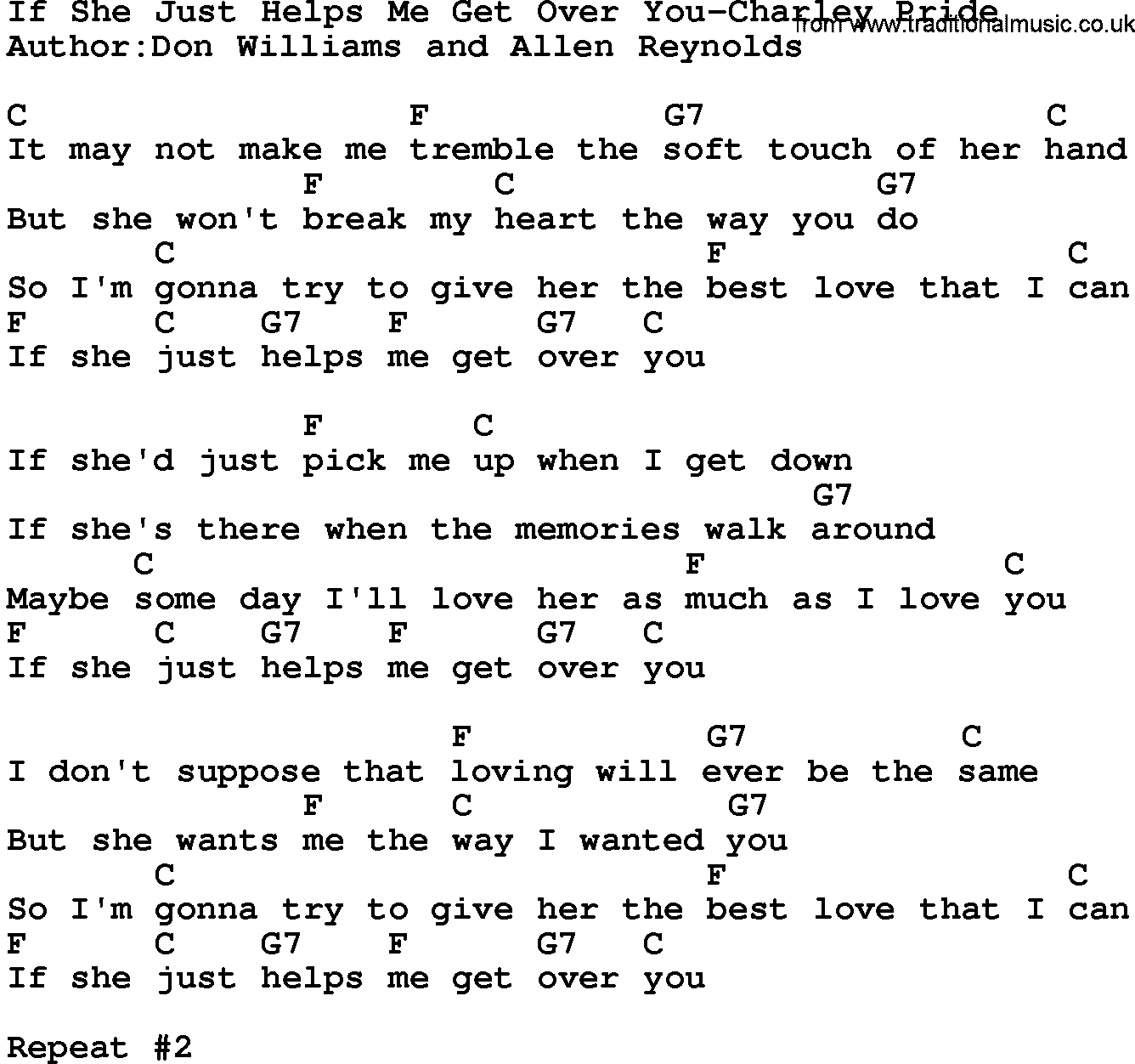 Country music song: If She Just Helps Me Get Over You-Charley Pride lyrics and chords