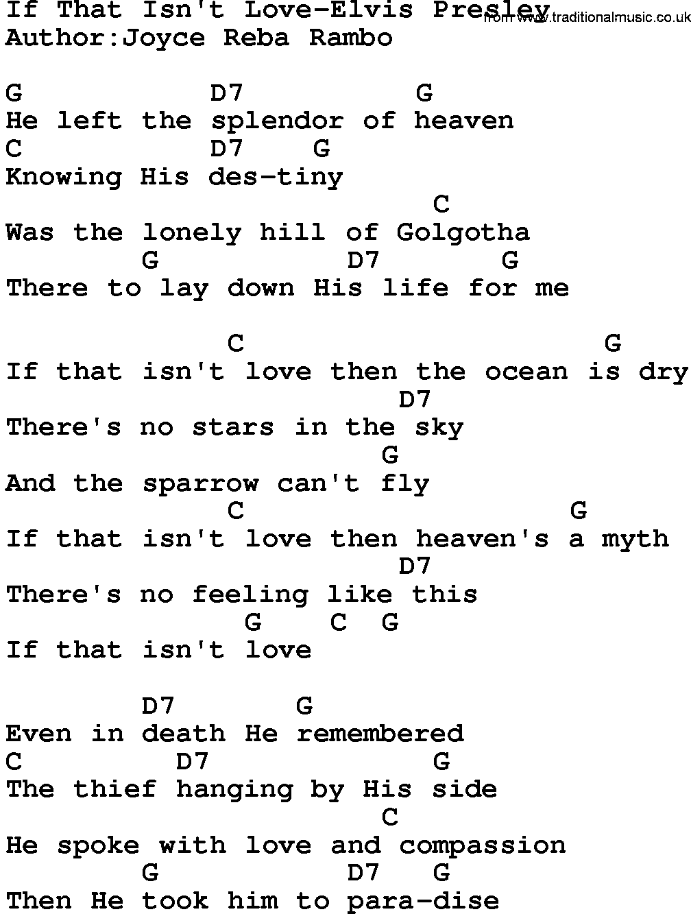 Country music song: If That Isn't Love-Elvis Presley lyrics and chords