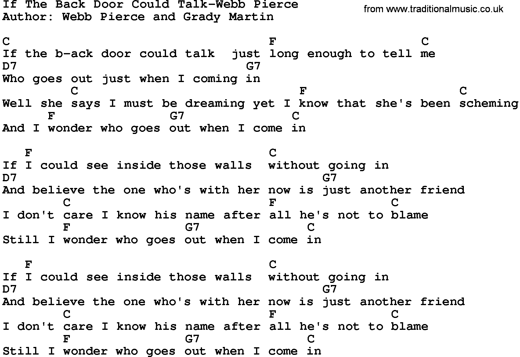 Country music song: If The Back Door Could Talk-Webb Pierce lyrics and chords